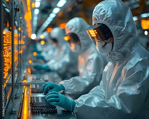 High tech semiconductor fabrication lab with workers in cleanroom suits assembling microchips