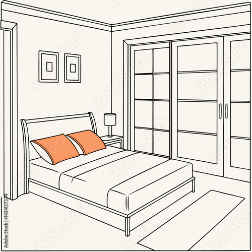 The image shows a minimalist bedroom interior. The focal point is a neatly made bed with a light-colored duvet and two orange square pillows. The bed has a light orange-brown wooden frame. The