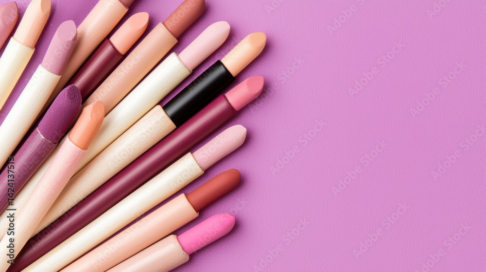 A collection of lipsticks in various shades of pink, purple, and orange, arranged in a diagonal line against a solid purple background. A collection of lipsticks in various shades of pink, purple, and orange, arranged in a diagonal line against a solid purple background.