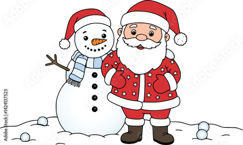 Santa claus happily standing beside a cheerful snowman wearing a blue scarf, surrounded by snowballs, capturing a festive winter scene
