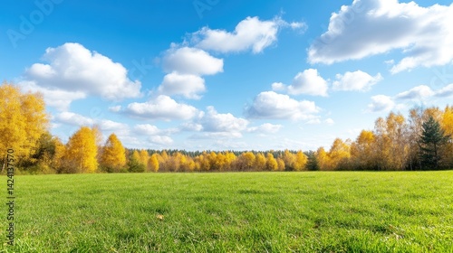 Autumnal landscape with vibrant yellow trees and a bright blue sky.  A vast expanse of green grass stretches to the horizon, framed by a line of golden-hued trees.