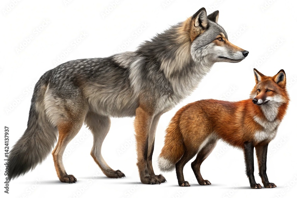 A set of wolves and foxes, PNG with transparent background, AI. A set of wolves and red foxes AI generated A set of wolves and foxes, PNG with transparent background, AI. A set of wolves and red foxes AI generated