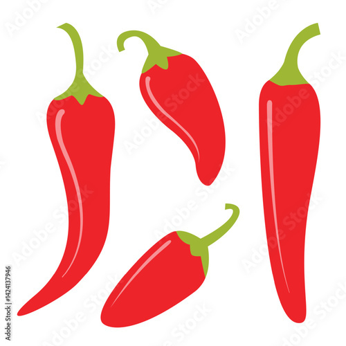 Hot chili pepper icon set. Fresh red chili cayenne peppers. Hot food spices. Sticker print template. Simple sign symbol. Healthy lifestyle. Flat design. White background. Isolated. Vector illustration