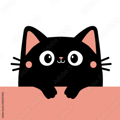 Cute cat kitty black silhouette holding pink paper. Paws. Peeking kitten. Kawaii cartoon funny baby character. Happy Valentines Day. Childish style. Greeting card. Flat design. White background Vector