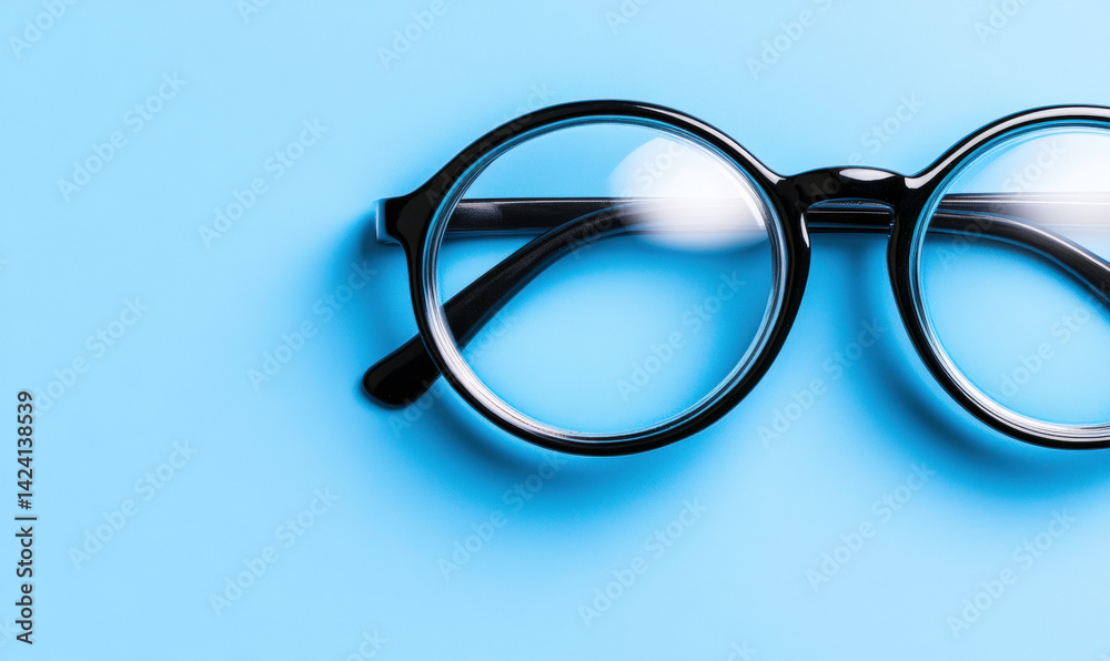 Fototapeta premium Stylish black frame glasses with clear lenses on a vibrant blue background showcasing modern eyewear trends and contemporary fashion aesthetics