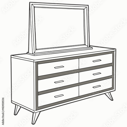 Classic wooden dresser with mirror in flat design, home decor