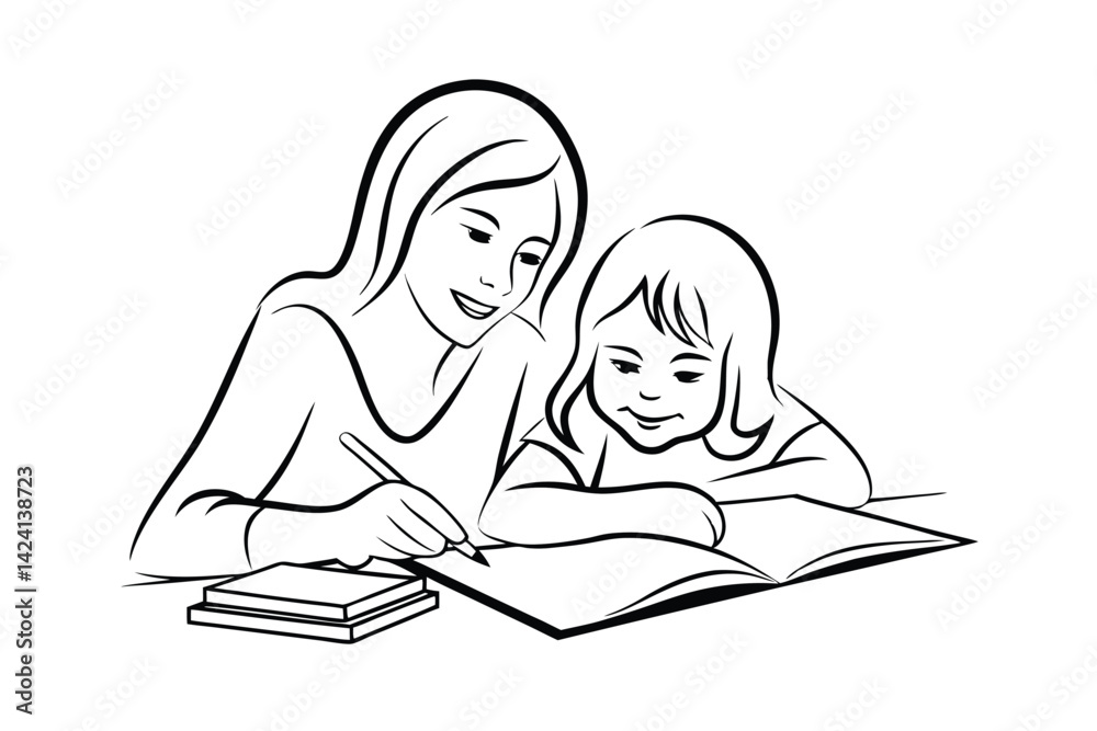 Mother helping daughter with homework in line art style illustration Mother helping daughter with homework in line art style illustration