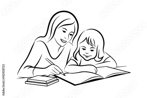 Mother helping daughter with homework in line art style illustration