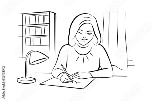 Woman writing or drawing at desk in outline illustration style for design projects