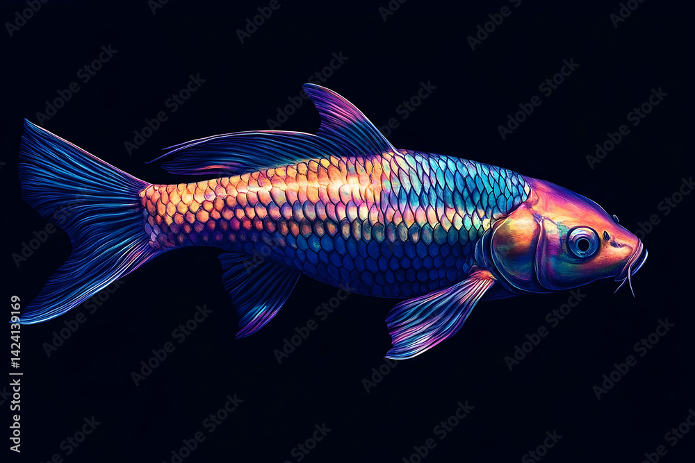 Vibrant iridescent koi fish highlights colorful scales. Vibrant iridescent koi fish highlights colorful scales.