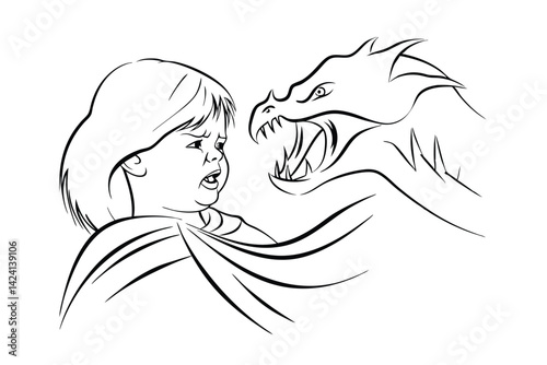 Scared little child facing a frightening dragon creature outline art illustration