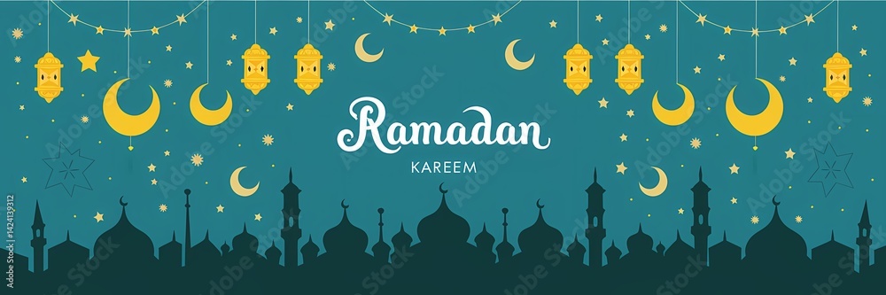 Festive vibrant Ramadan design featuring glowing lanterns crescent moons sparkling stars mosque silhouettes on rich teal background with elegant white Ramadan Kareem typography celebrating holy month Festive vibrant Ramadan design featuring glowing lanterns crescent moons sparkling stars mosque silhouettes on rich teal background with elegant white Ramadan Kareem typography celebrating holy month