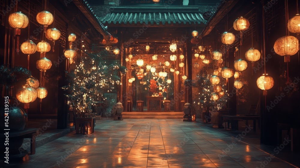 custom made wallpaper toronto digitalAsian courtyard at night, lit by lanterns.  Warm, inviting ambiance