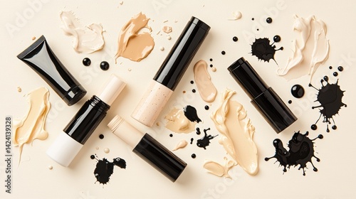 A collection of makeup products, including foundation, concealer, and lipsticks, scattered across a beige background.
