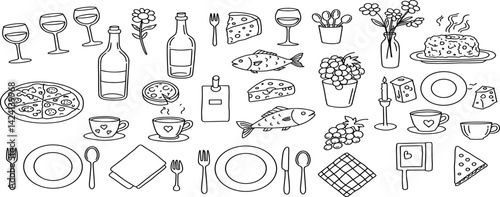 Set of hand drawn whimsical illustrations of food and drinks. Doodle drawings of italian and french food, cocktails, flowers and decor. Coquette line art in vintage style.