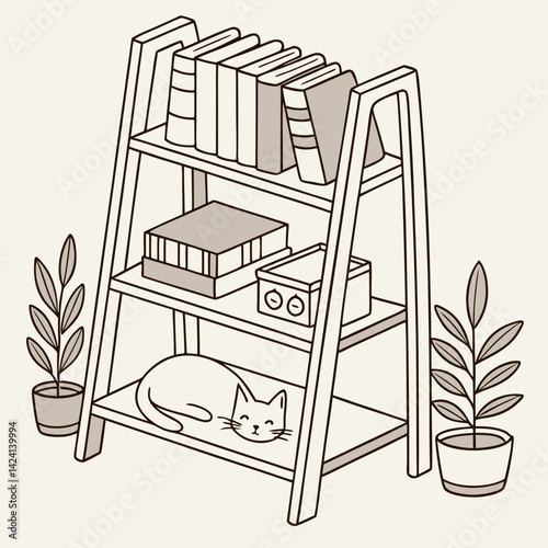Book shelves. Rack books, interior bookshelf with cat, plants in pot and accessories. Isolated comfy scandinavian style home shelf, bookcase vector elements