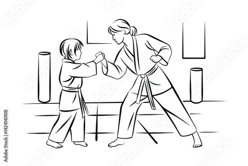 Martial arts instructor demonstrating technique to young student black and white minimalist illustration