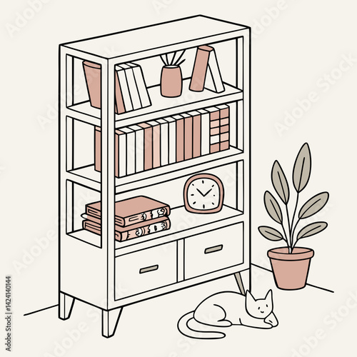 Book shelves. Rack books, interior bookshelf with cat, plants in pot and accessories. Isolated comfy scandinavian style home shelf, bookcase vector elements