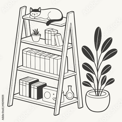 Book shelves. Rack books, interior bookshelf with cat, plants in pot and accessories. Isolated comfy scandinavian style home shelf, bookcase vector elements