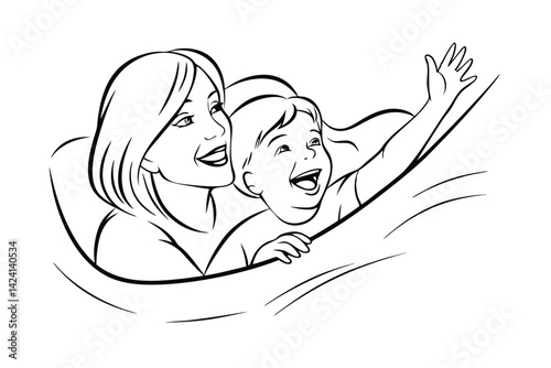 Mother and child riding a roller coaster in black and white outline illustration