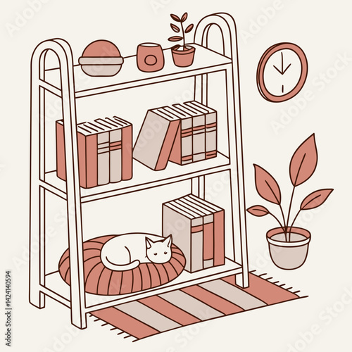 Book shelves. Rack books, interior bookshelf with cat, plants in pot and accessories. Isolated comfy scandinavian style home shelf, bookcase vector elements