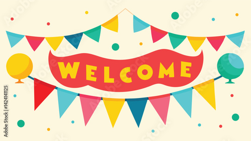 Colorful welcome banner, festive bunting flags, bright balloons, confetti dots, cheerful party decorations, vibrant typography, playful design, celebration graphics, warm greeting, retro style,