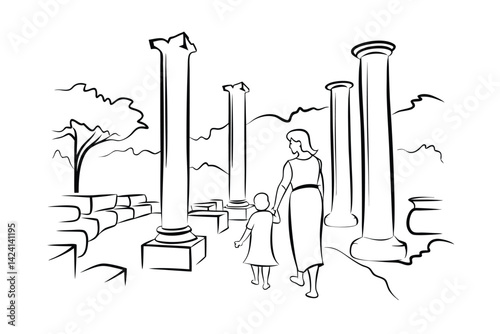 Mother and child visiting ancient ruins graphic illustration style depicting family exploration