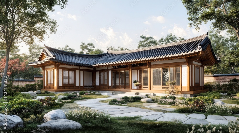 Tranquil Asian-inspired home with a serene garden.  Traditional design featuring wooden structure, curved roof, and meticulously landscaped exterior