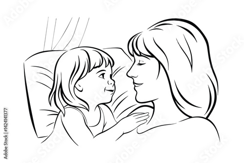 Line art illustration of a mother and daughter resting in bed together