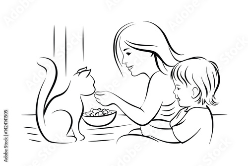 Mother and child feeding their cat black and white outline drawing