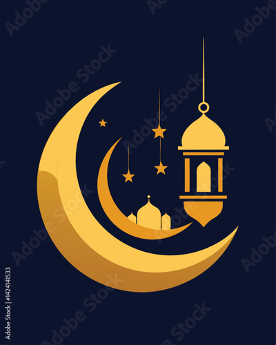 Islamic crescent moon, golden lantern, mosque silhouette, starry night sky, Ramadan symbol, minimalist design, flat illustration, rich gold tones, navy blue background, celestial theme,