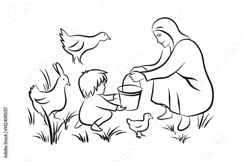 Woman and child feeding birds and bunny outline vector illustration