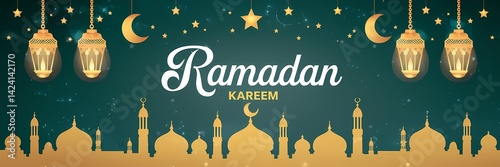 Festive vibrant Ramadan design featuring glowing lanterns crescent moons sparkling stars mosque silhouettes on rich teal background with elegant white Ramadan Kareem typography celebrating holy month