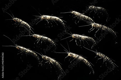 Silvery aquatic insects in a patterned arrangement.