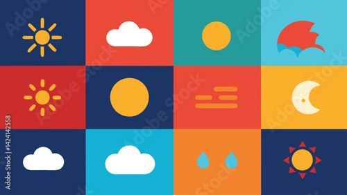 Colorful weather icons, Flat design, Geometric shapes, Sun moon cloud symbols, Vibrant color blocks, Minimalist meteorology illustrations, Square grid layout, Retro-modern aesthetic,