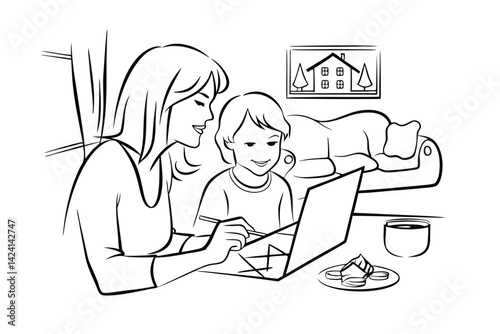 Mother and son working on laptop together home scene line art illustration