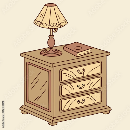 A beautifully illustrated wooden nightstand with a warm-toned lamp and a small book, set against a soft cream background.