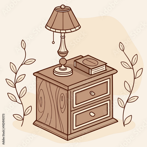 A beautifully illustrated wooden nightstand with a warm-toned lamp and a small book, set against a soft cream background.