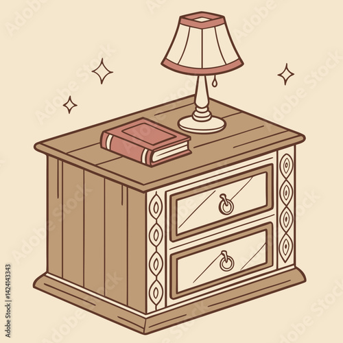 A beautifully illustrated wooden nightstand with a warm-toned lamp and a small book, set against a soft cream background.
