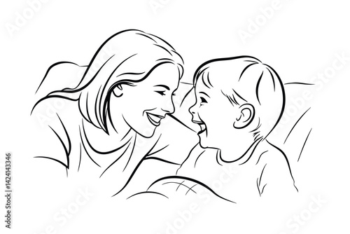 Monochrome illustration of loving mother and laughing baby in simple line art style