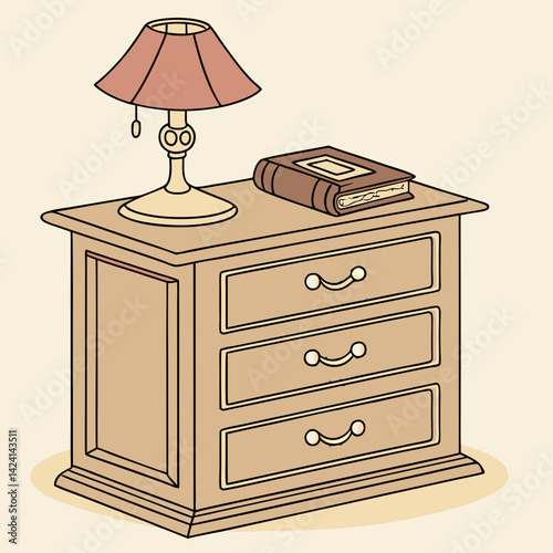 A beautifully illustrated wooden nightstand with a warm-toned lamp and a small book, set against a soft cream background.