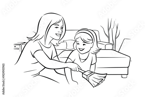 Mother and daughter cleaning together line art illustration in living room
