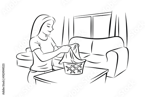 Woman folding laundry at home black and white outline vector illustration