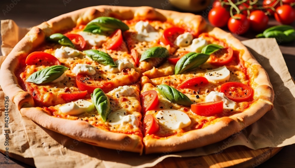 Delicious Margherita Pizza With Fresh Basil And Tomatoes On Wooden Board Delicious Margherita Pizza With Fresh Basil And Tomatoes On Wooden Board