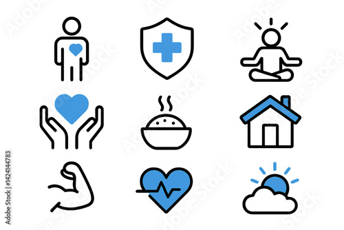 Icons representing quality of life are depicted in black and blue hues on a white backdrop