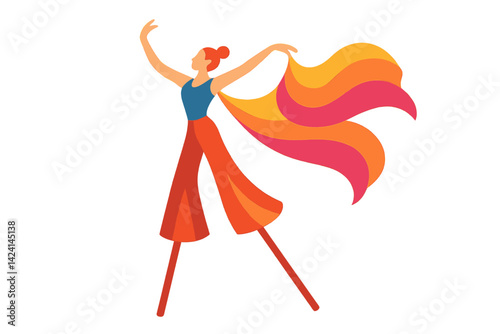 A stilt walker is depicted performing a graceful dance amidst vibrant colors in a flat design vector art piece