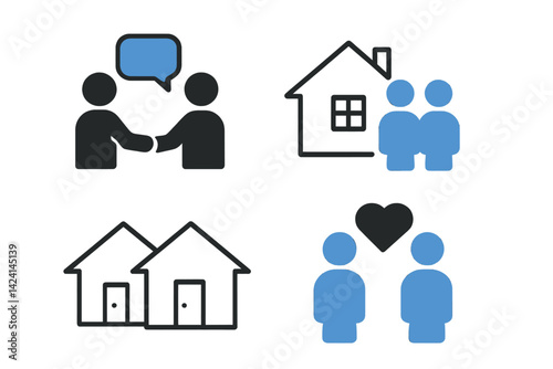 Icons of neighbors are depicted in black and blue hues on a white backdrop