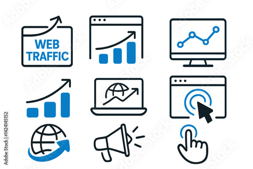 A set of web traffic icons in black and blue hues on a white background