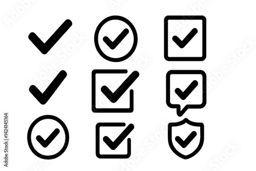 A collection of checkmark icons is available, featuring related concepts such as approvals, agreement, checklist, and verification, all in solid colors and vector illustration style, isolated on a