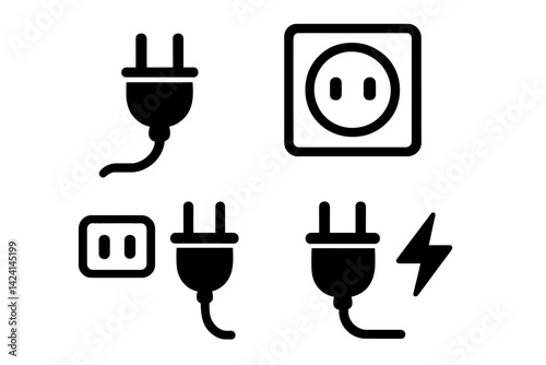 Vector icon set of electrical plugs in black and white colors